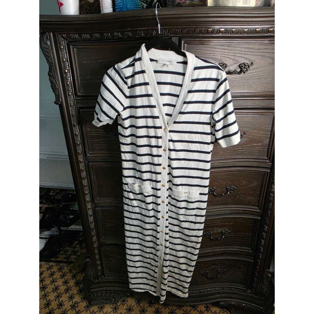 FRAME Namu Striped Organic Cotton Midi Dress Gold Button Navy White XXS